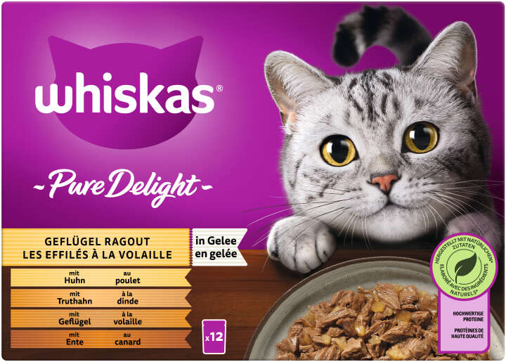 whiskas Katzen-Nassfutter PURE DELIGHT Portionsbeutel Multipack Geflügel Ragout in Gelee 12 x 85g